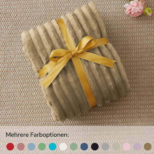 BEDELITE Kuscheldecke Flauschig Decke Klein - weiche Flanell Decken Braun 125x150 für Sofa, Deko Streifen Cord Fleecedecke als Sofaüberwurf für Wohnzimmer, Throw Blanket Wide Use