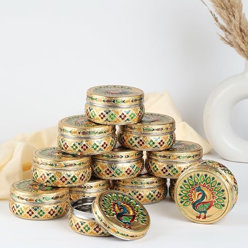 Image of NAVRANG Stainless Steel Container Box Meenakari Storage Box /Chapati Box /Roti Dabba Peacock Design (Pack of 12, Golden)