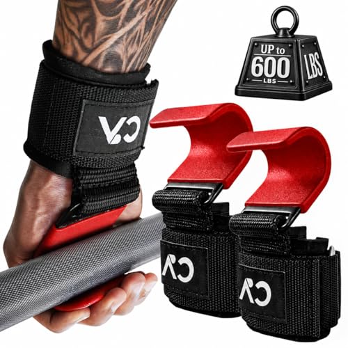 CHICK-ACTIVE Weight Lifting Hooks (Pair) for Deadlifts Pull Ups Rows & Shrugs - 8mm Neoprene Padding Hand Grips with Enhanced Capacity - Secure Grip Wrist Straps for Weightlifting & Gym Training (Red One Size)