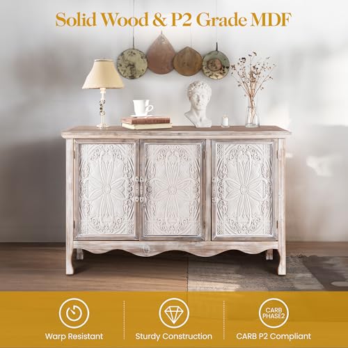 image for Kiss the Water Accent Storage Cabinet with 3 Carved Doors and Shelves,