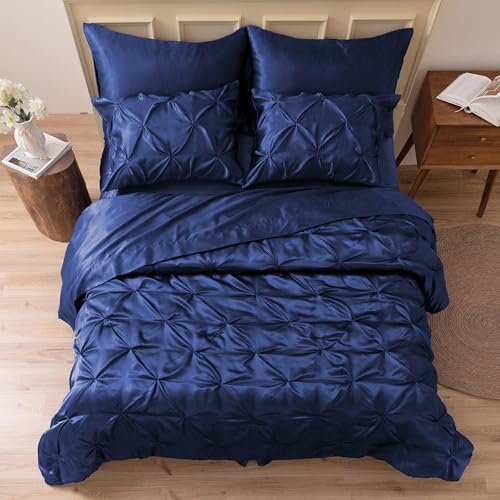 MR&HM Satin Comforter Twin 5 Pieces - Luxurious Pinch Pleat Bedding Set with Comforter, Flat Sheet, Fitted Sheet, Pillowcase & Sham, Super Silky Soft Bed Set for All Season (Twin, Navy Blue)