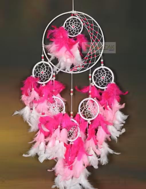 Handmade Dream Catcher with Pink and White Feathers, Large Multi-Ring Design, Traditional Native American Style Wall Hanging, Home Decor-image-44