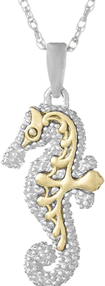 925 Sterling Silver Nautical Necklace Charm Pendant with Chain, 3-D Seahorse with14k Gold Accent