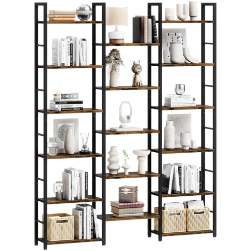 Image of Shintenchi Triple Column 6 Tier Bookshelf, Industrial Large Bookcase Display Shelves, Large Etagere Bookshelf,Wide Book Shelf Book Case for Home & Office, Rustic Brown