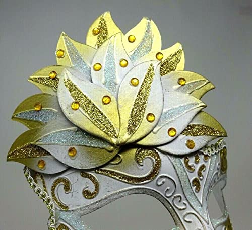 Mask LADIES WHITE & GOLD JEWELLED VENETIAN MASQUERADE CARNIVAL PARTY EYE BALL MASK HAND HELD ON A WOODEN STICK, 17cm Deep exc Stick - Image 4