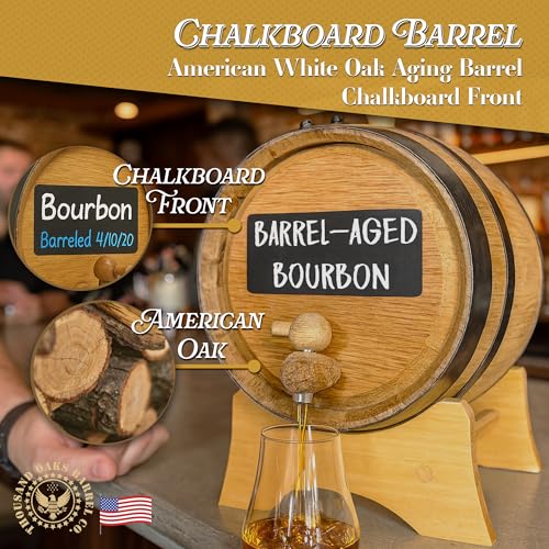1 Gallon Oak Aging Barrel Dispenser (5 Liter) with Chalkboard Front, Wood Stand, Bung & Spigot - Charred Mini Bourbon Whiskey Barrels For The Home Brewer, Distiller, Wine Maker, Cocktail Aging by THOUSAND OAKS BARREL - Image 2
