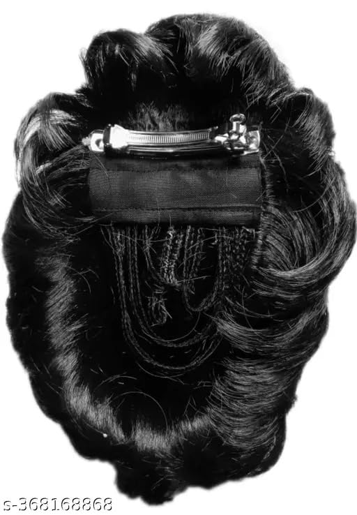 Image of HAIR WALA Flower Style Claw Clip Bun net attached Hair Extension decorative bun for attractive look Synthetic Fake Ponytail Hair extension for Women Girls, Matte Finish Color (Black)