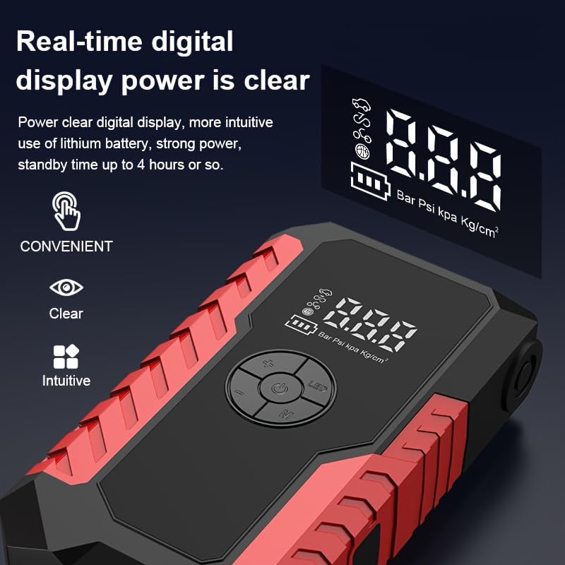 Portable Jump Starter with Air Compressor 5000A,12V Car Charger Jump Starter Power Pack,150 PSI Tire Inflator and Jumper Box for 9.5L Gas/8.0L Diesel,with USB Port and LED (Red-Black)