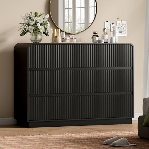 Image of Wodeer Black Dresser Fluted 6 Drawers Dresser for Bedroom, 47 inch Wide Wood Chest of Drawers with Hidden Handles & Rounded Corners, Modern TV Stand Storage Cabinet for Living Room, Hallway, Entryway