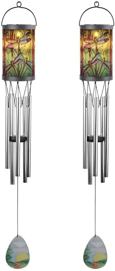2-PC Gift Set ICE ARMOR 31" Long Dragonfly Solar Light Wind Chime Figurine Statue Sculpture Ornament Decoration Home/Room/Garden Decor for Housewarming, Holidays, Christmas Special