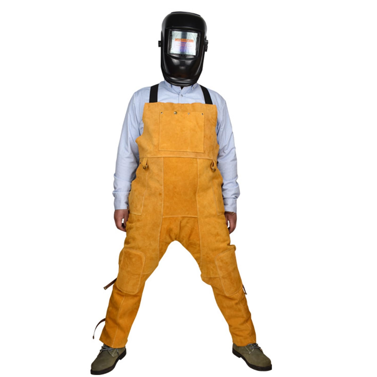 Pantalones de Soldador de Piel de Vaca con Tirantes de Pierna Dividida para Hombre, Resistentes a chispas, Llamas y Calor. Delantal con Pechera.