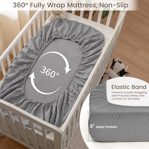 Image of david's kids Muslin Crib Sheets for Boys Girls, 2 Pack 100% Cotton Soft Breathable Fitted Baby Sheet Set, 28x52 Inch Fits Standard Crib and Toddler Mattresses, Beige & Grey