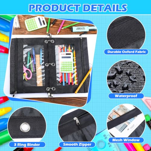 Image of Zhehao 200 Pcs Pencil Pouches for 3 Ring Binder, Bulk Zipper Pencil Pouch Pen Case with Clear Window Cloth Pocket 3 Hole Bag for Storing School Office Supplies (Black)