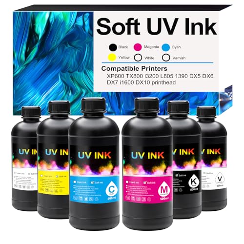 UV Ink for Soft Materials Compatible with UV Printer XP600 TX800 i3200 L805 1390 DX5 DX6 DX7 i1600 DX10 printhead Directly used for leather advertising cloth soft pvc soft plastic etc(CMYKWV)