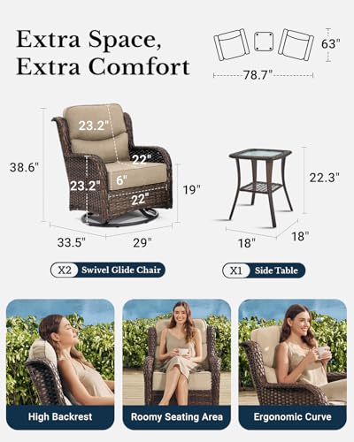 HILLGA Luxury Patio Furniture Set with 6-inch Thick Cushion, Outdoor High Back Swivel Rocker Patio Chairs, 3PCS Wicker Conversation Set for Deck Yard and Poolside, Beige (V2)