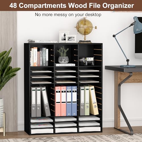 EasyPAG Mail Organizer Countertop, Wood Literature Organizer with Adjustable Shelves, Student Classroom Mailbox for School, Desktop Paper Sorter for Office Home, 48 Compartments, Black