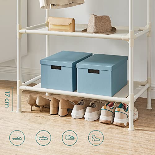 SONGMICS Kleiderständer, Garderobenständer aus Metall, mit 2 Kleiderstangen, 2 Ablagen, bis 70 kg belastbar, einfache Montage, weiß RDR02WT