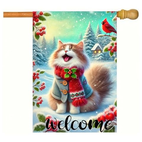 BlissYard Welcome Garden Flag 12x18 Flag Winter Cat Garden Flag Christmas Festive Cat With Scarf And Cardinal Design Flag For Seasonal Yard And Garden Decor Lawn Outdoor Banner Cover