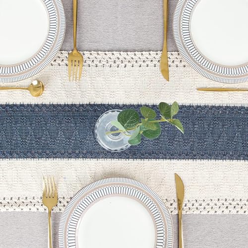 Image of FEXIA Boho Blue Table Runner 108 Inches Long with Tassels Macrame Farmhouse Summer Style Graduation Party Rustic Wedding Baby Shower Dining Kitchen Living Room Decor (12x108 Inches)