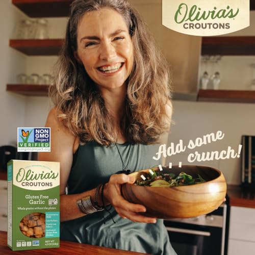 Image of Olivia's Croutons Gluten Free Garlic Croutons, 4.5 oz, 3 Pack | Ancient grain bread, dairy free, vegetarian, salad and soup topping, non gmo