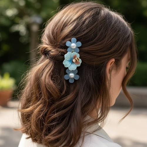 Image of Alvero Premium Acrylic Flower Hair Pin with Bee Design, Floral Designer Hair Clips for Women & Girls, Lightweight, Strong Grip Side Pin Hair Accessory for Wedding & Party (Pack of 2 Piece) (Light Blue)