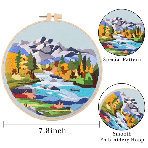 Image of EOBTAIN 3 Sets Embroidery Kit for Beginners Adults Mountain Scene Hand Stamped Embroidery Practice Kits Cross Stitch Set with Embroidery Hoop,Needles and Threads,DIY Gifts at Home Embroidery Kit
