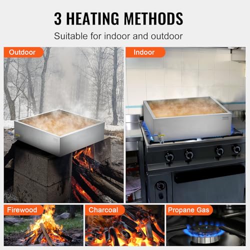 Image of VEVOR Maple Syrup Evaporator Pan, 17.5 Gal, 24 x 24 x 7 Inch Maple Syrup, 304 Stainless Steel Maple Syrup Pan, Evaporator Pan with 1 Valve and 3 Heating Methods, for Home, Outdoor
