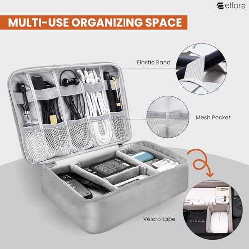 Image of Elfora Electronics Gadget Organizer Bag | Travel Tech Accessories Case for Cables, Phone, USB Charger, Earphone & Power Bank | Multi-Purpose Storage Pouch with Mesh Pockets & Handle Carry Strap (Grey)