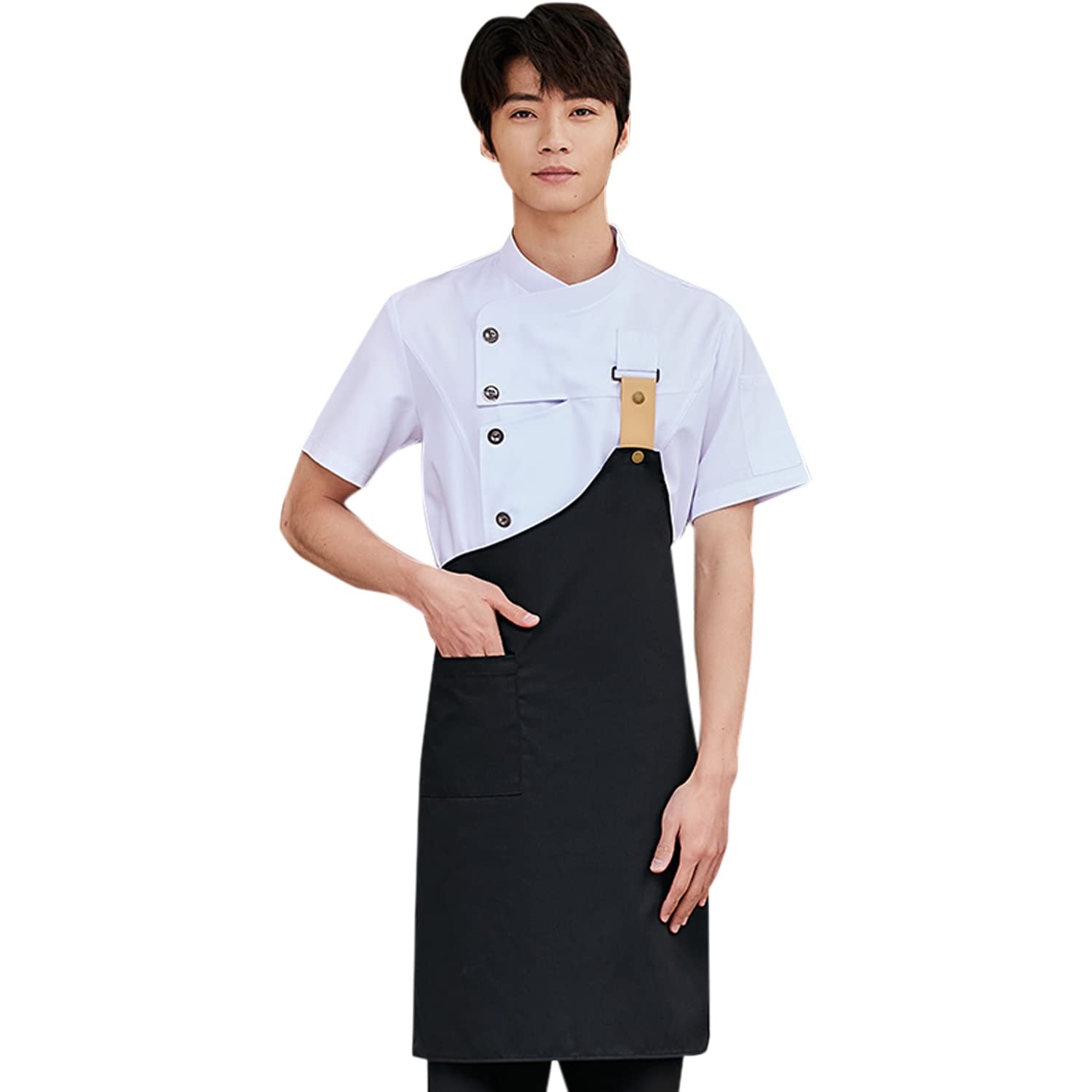 LenmipotMen's Fashion Chef Coat Back Breathable Hidden Vent Chef Uniform Chef Jacket Set (coat+apron)