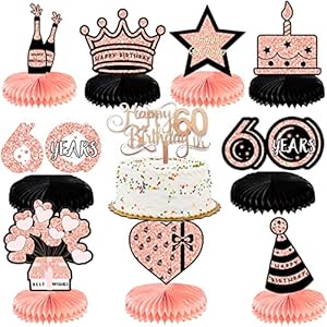 10 Stück 60. Geburtstag Dekoration Frau, Rosegold und Schwarz 60 Geburtstag Deko Bienenwabe Mittelstück mit Tortendeko…
