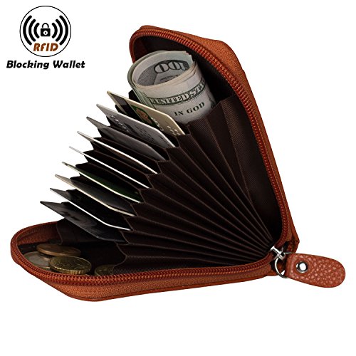 Image of Credit Card Case Organizer Genuine Leather Zip-Around Security Wallet Brown