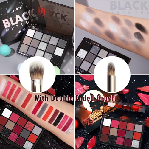 Image of UCANBE 2pcs Halloween Eyeshadow Palette Makeup Set, Black Red Colors Shimmer Matte Metallic Smokey Dark Eye Shadow Pallet with Soft Brush Kit, Goth Eye Make Up for Costume Joker Clown Vampire