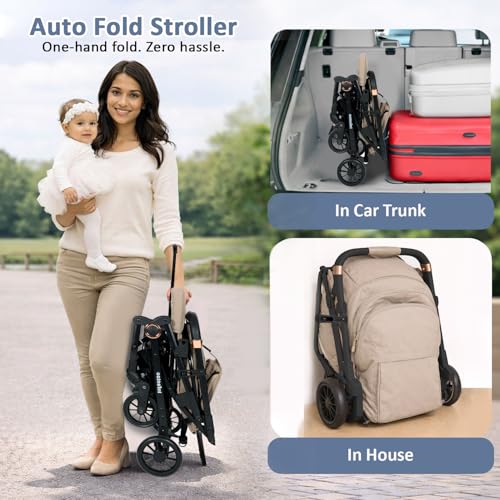 Image of Infantso RIDE-X Baby Stroller / Pram for Baby with 5 Point Safety Harness, Multi Level seat Recline & Spacious Cushioned seat, One-Hand Fold and 360 Rotating Wheels, Travel Friendly, Extendable Canopy, Adjustable Footrest, Shock Absorption Wheels, Lightweight Stroller for 0 to 3 Years (Beige)