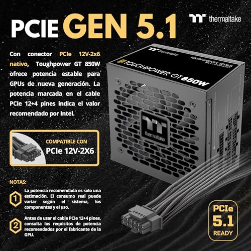 Thermaltake Toughpower GT 850W | Fuente de Alimentación Totalmente Modular ATX 3.1 | PCIe 5.1 12V-2×6 Nativo | 80 Plus Gold | Ventilador 120mm Silencioso | Smart Zero Fan | 5 Años Garantía | Negro 5