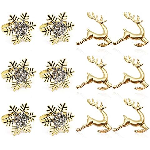 MJARTORIA Christmas Napkin Rings 12PCS Gold Deer Snowflake Napkin Ring Holder Napkin Buckles or Christmas Weddings Parties Dinners Holidays Dining Table Decoration Cover