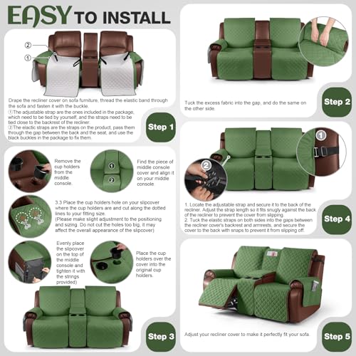 Image of KinCam 100% Waterproof Recliner Loveseat Cover with Console, Non-Slip Reclining Couch Covers for 2 Seat, Recliner Sofa Cover Furniture Protector with Elastic Straps for Kids, Pets, Vine Green