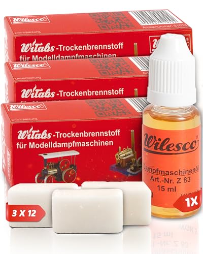 Wilesco Witab 3x Trockenbrennstoff + Dampfmaschinen Öl - Trockenbrennstofftabletten + Öl Bündel für Dampfmaschine - Modellbauzubehör