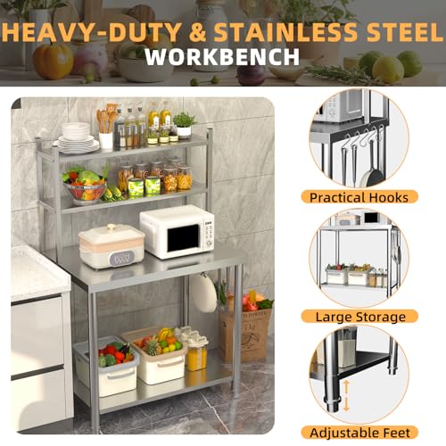 Image of Stainless Steel Table with Shelves,30 inchx24 inch Kitchen Prep Table | Heavy Duty Commercial Work Table, Kitchen Island Prep Station with multi function
