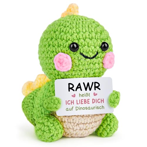 Jahrestag Geschenk für ihn Sie - Handgemachte Gehäkelte Dino mit Energiekarte Geschenke für Freund Freundin Paar Partner Pocket Hug Dino Valentinstag Valentinstagsgeschenk Hochzeitstaggeschenke