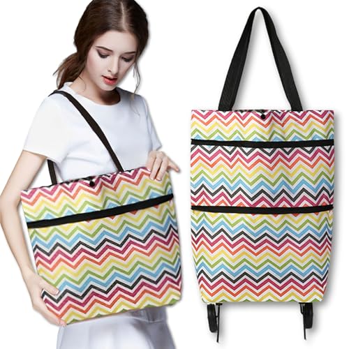 FGXY Carro de La Compra, Carro de La Compra Plegable, Bolsa de Compras, Bolsa de Compras de Tela Oxford, Carro de La Compra 3 Ruedas, Impermeable y Antiincrustante(Rayas ondulantes)