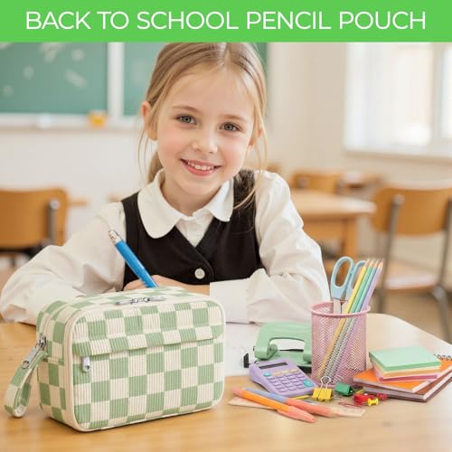 Image of WOBAGMEN Cute Pencil Case,Large Corduroy Zippered Pencil Case Pouch, Aesthetic Pencil Bag with Compartments, Pencil Pouch School Supplies (Green checked)