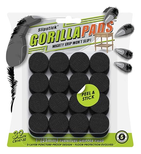 GorillaPads 1 Inch Non-Slip Furniture Pads/Gripper Feet Skids (Set of 32) Self Adhesive Rubber Floor Protectors Round Black CB147-32