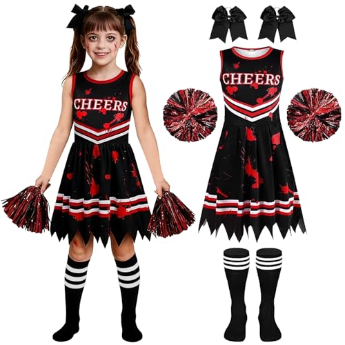 Lets Joy Disfraz Animadora Zombie Niña, Disfraz Halloween Zombie Infantiles, Disfraces de Halloween Animadora y Medias Accesorios Lazo para Pelo, Carnaval Cosplay Conjunto (150)