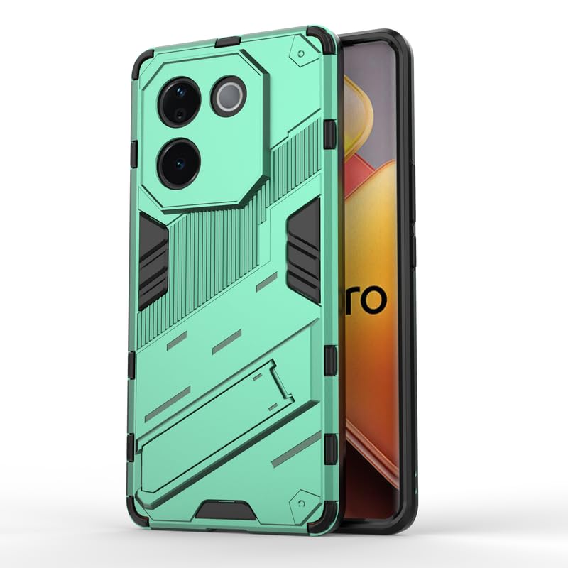 Image of Rugged Hard Back Case Cover for Vivo T3 Pro - Military-Grade Armor with Screen & Camera Guard, Dual-Layer Shockproof Design, Raised Edges, and Built-in Kickstand - Emerald Green