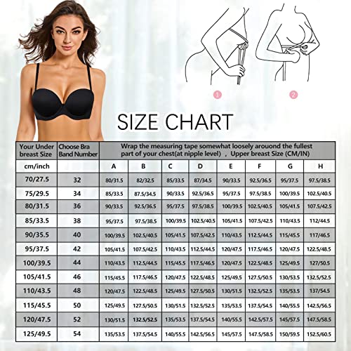 Women's Push Up Strapless Thick Padded Convertible Multiway Bra Underwire Supportive Bra With Detachable Clear Straps Black, 40B #TOP7
