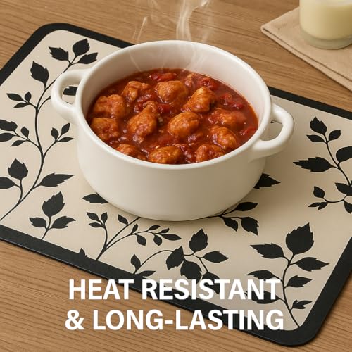 Image of YELONA Leather Dining Table Placemats Set of 2 - Waterproof, Heat Resistant, Anti-Slip, Easy to Clean Table Mats for Dining Table, Kitchen & Home Decor (Black Botanical, 40 x 30 cm)