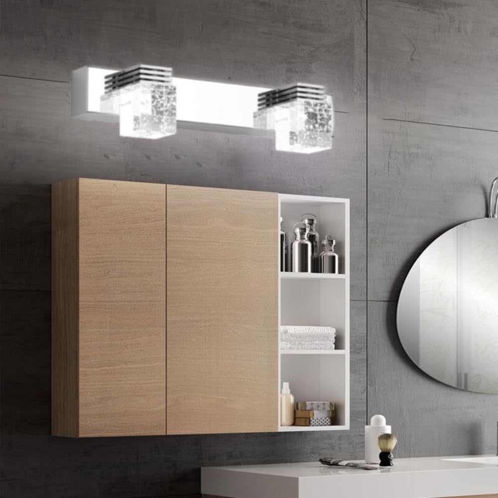 XINYASEE LED Bathroom Mirror Light 6-12W Bathroom Wall Light Cold White 6000K Warm 3000K Modern Makeup Lamp Silver (White Light, 2 Heads)