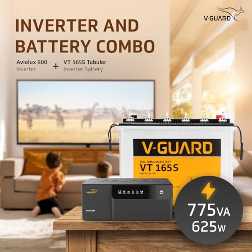 Image of V-Guard Inverter & Battery Combo (Aviolux 800 Inverter, VT 165S (154 Ah Tall Tubular Battery)) for Home, Office & Shops