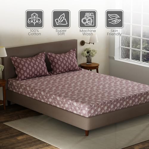 Image of Layers 100% Cotton Double Size Bedsheet Set | Brown Floral Print | 120 TC Forever Collection | Soft & Breathable | Washable Bedsheet with 2 Pillow Covers | All Season