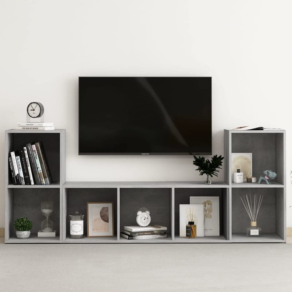 3-TLG. TV-Schrank-Set Betongrau aus Holzwerkstoff, modernes Lowboard für Wohnzimmer, vielseitiges Media-Center mit Stauraum, erweiterbares Design